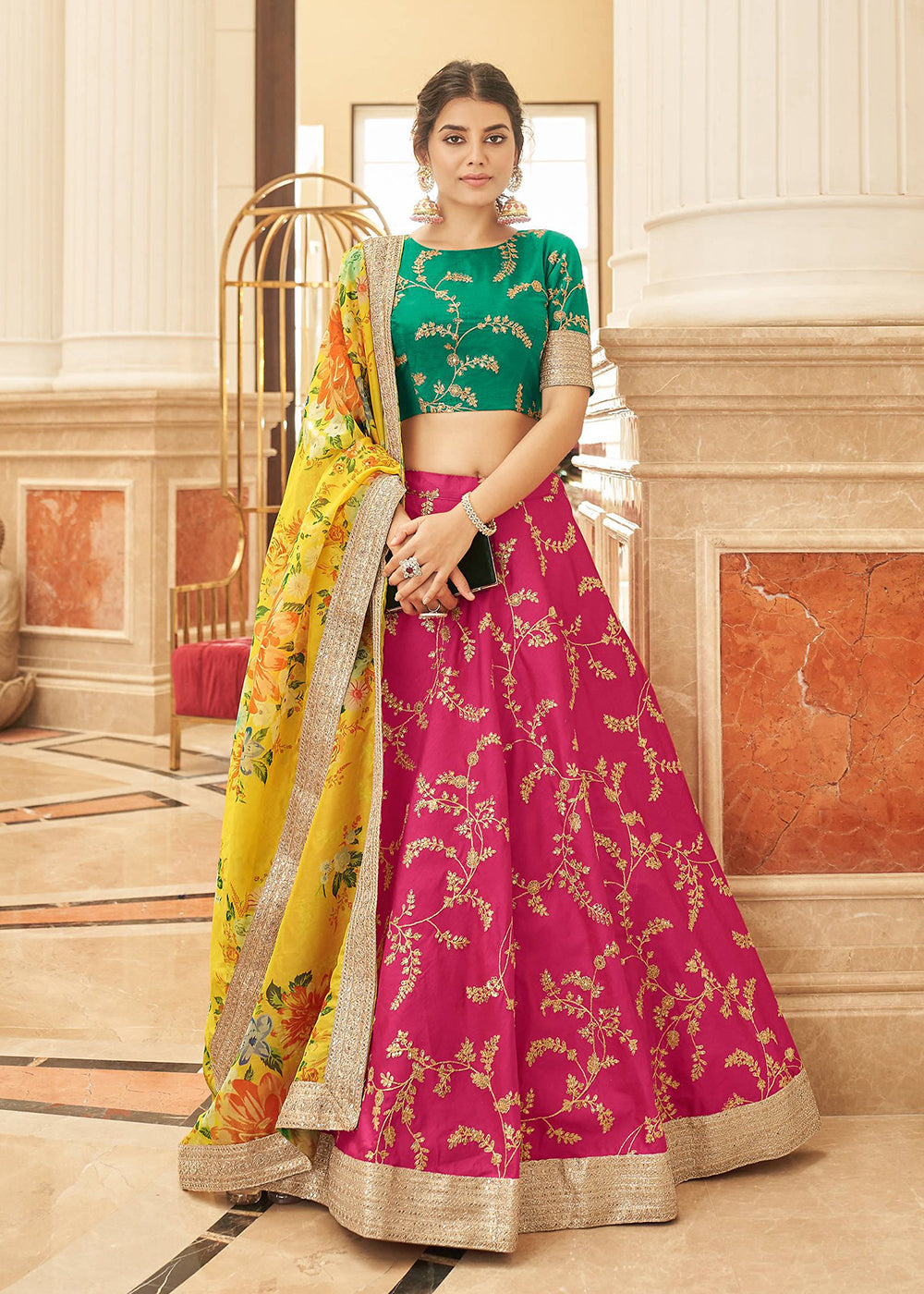 Buy Now Appealing Pink & Green Art Silk Embroidery Wedding Lehenga Choli Online in USA, UK, Canada & Worldwide at Empress Clothing.