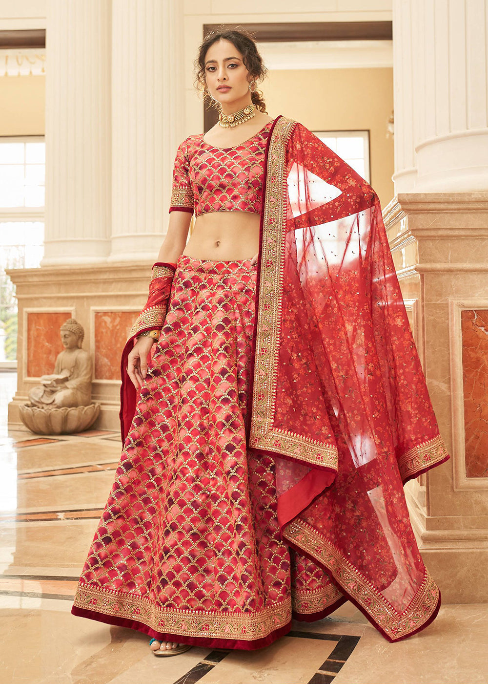 Coral Red Silk Wedding Wear Lehenga Choli Online | Designer Lehenga Choli