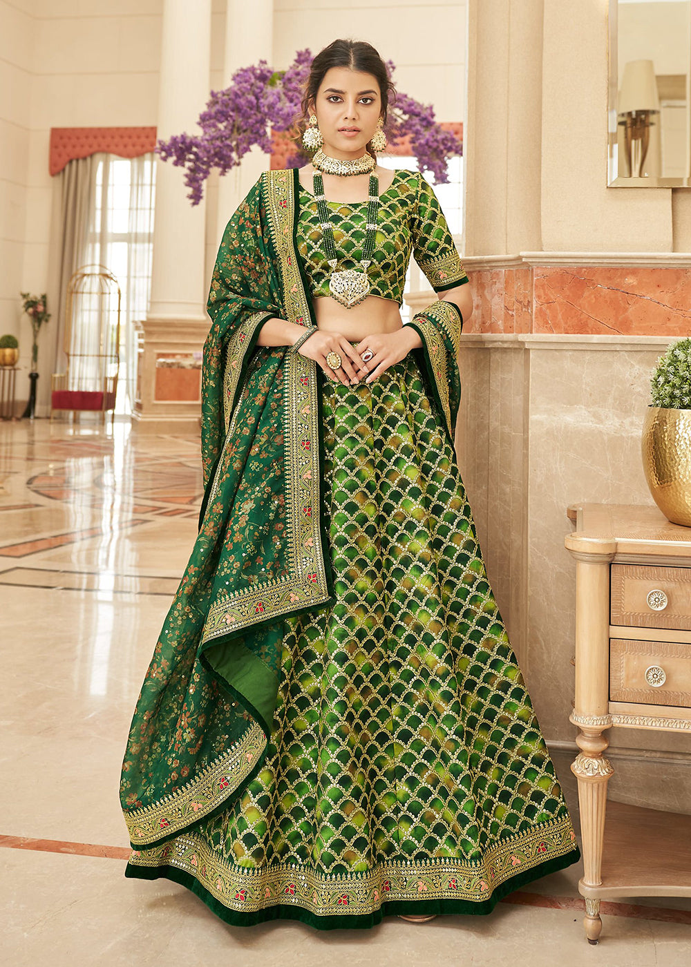 Dark Green Golden Designer Wedding Lehenga Choli