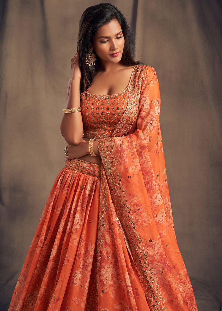 Buy Now Orange Floral Embroidered Organza Wedding Lehenga Choli Online in USA, UK, Canada & Worldwide at Empress Clothing.