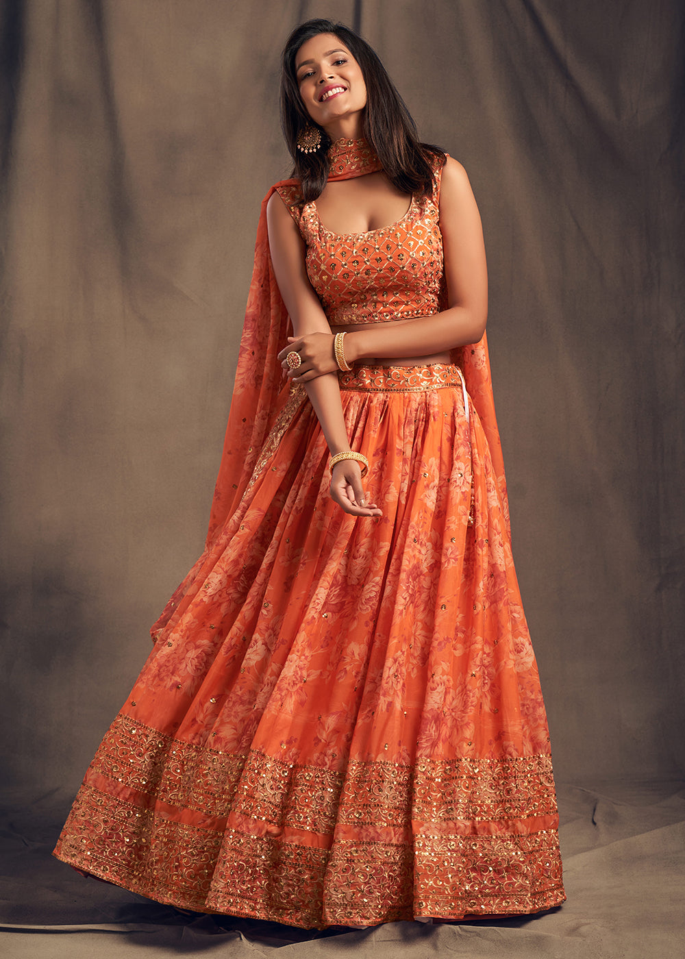 Buy Now Orange Floral Embroidered Organza Wedding Lehenga Choli Online in USA, UK, Canada & Worldwide at Empress Clothing.