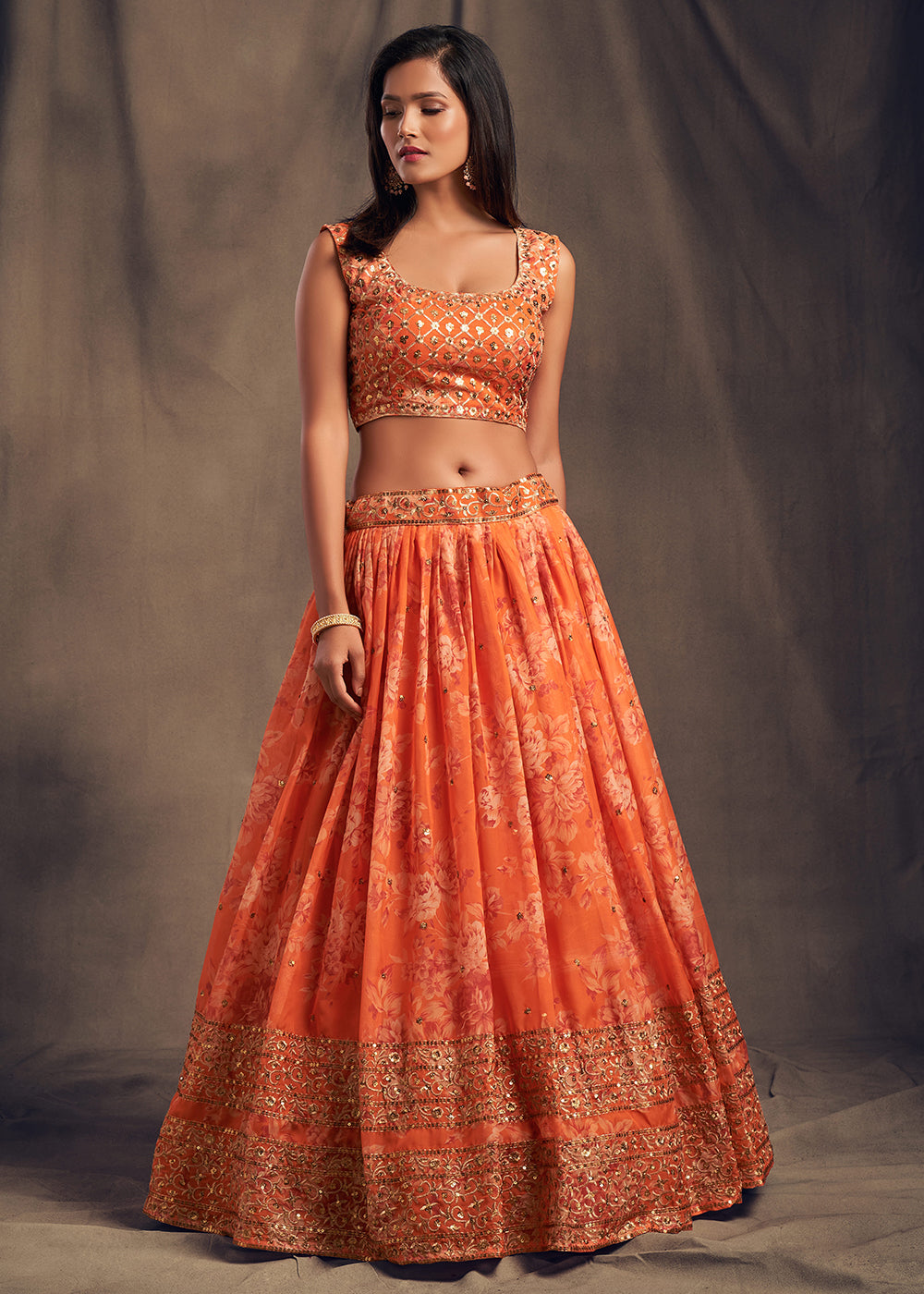 Buy Wedding Lehenga Orange Floral Embroidered Organza Lehenga