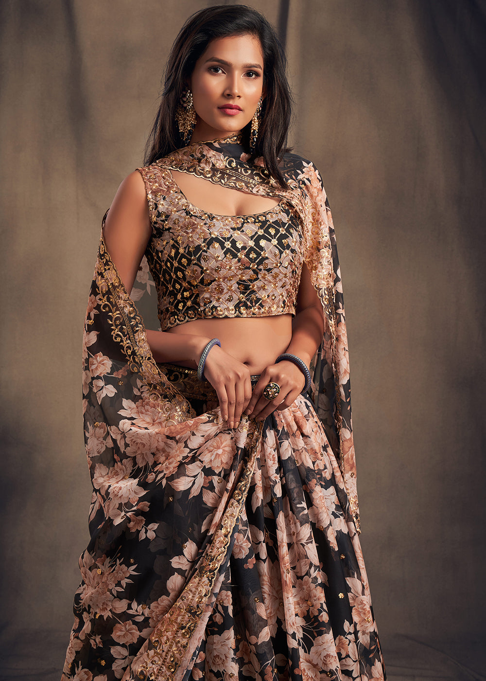 Buy Now Black Floral Embroidered Organza Wedding Lehenga Choli Online in USA, UK, Canada & Worldwide at Empress Clothing.