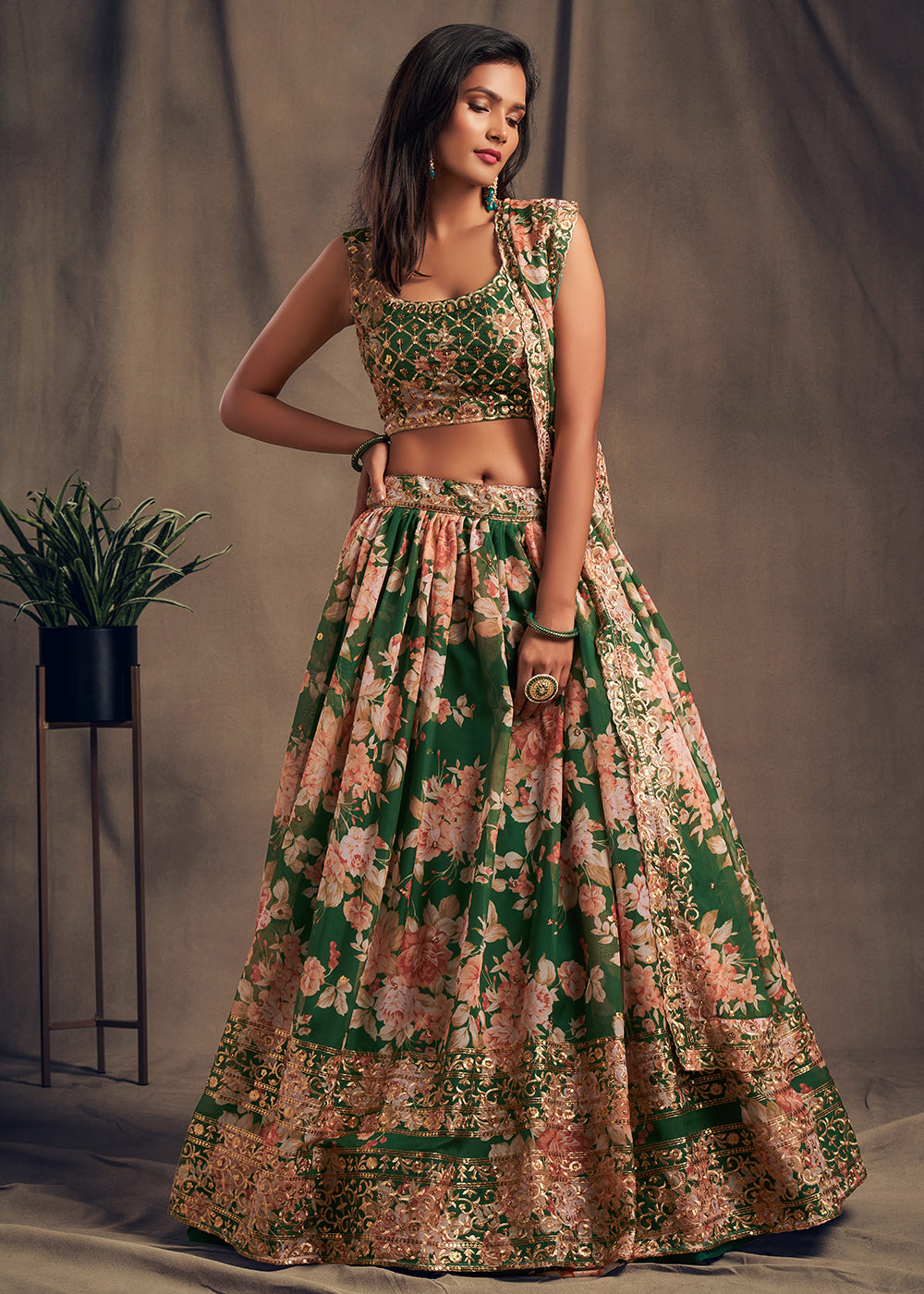 Buy Now Green Floral Embroidered Organza Wedding Lehenga Choli Online in USA, UK, Canada & Worldwide at Empress Clothing.