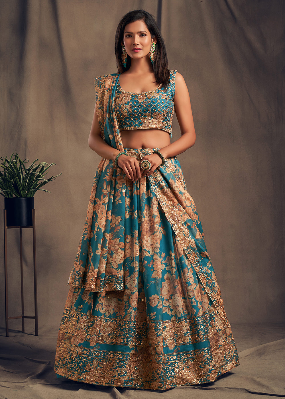 Buy Now Teal Floral Embroidered Organza Wedding Lehenga Choli Online in USA, UK, Canada & Worldwide at Empress Clothing.