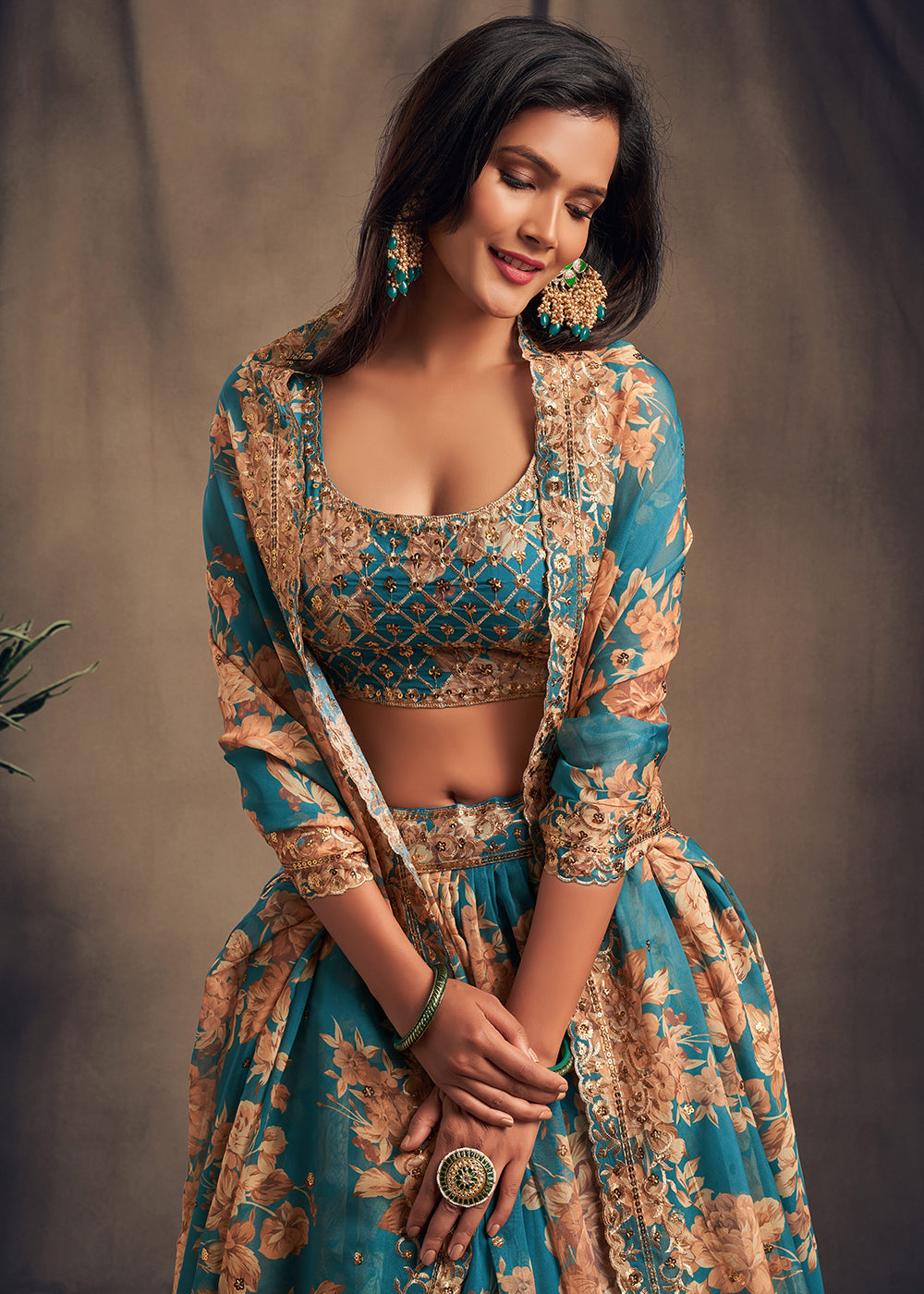 Buy Now Teal Floral Embroidered Organza Wedding Lehenga Choli Online in USA, UK, Canada & Worldwide at Empress Clothing.