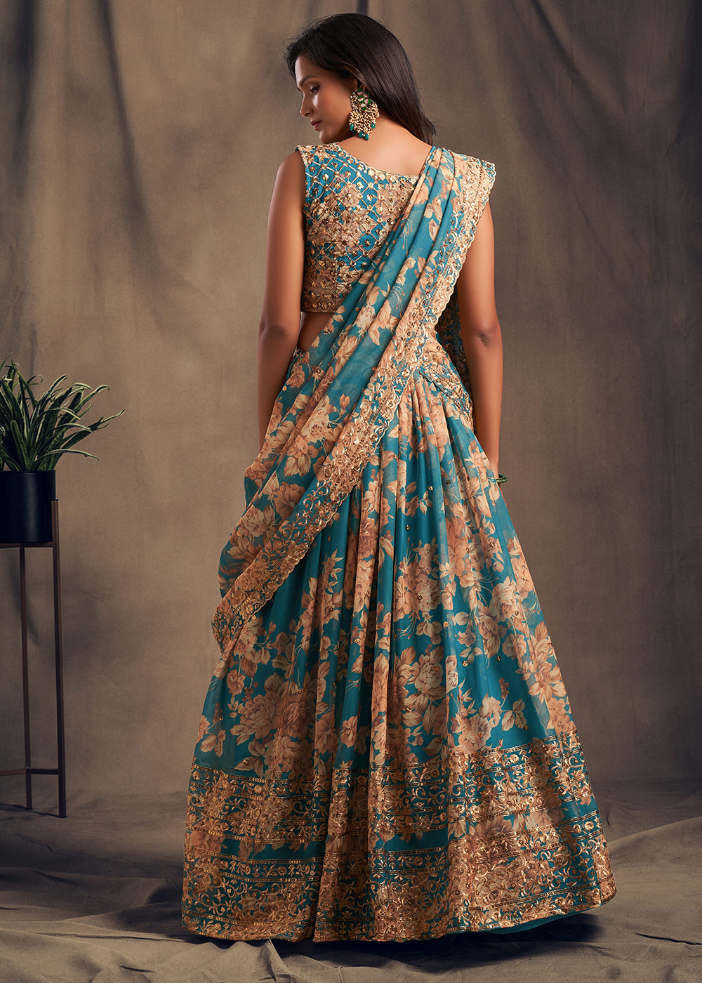 Buy Now Teal Floral Embroidered Organza Wedding Lehenga Choli Online in USA, UK, Canada & Worldwide at Empress Clothing.