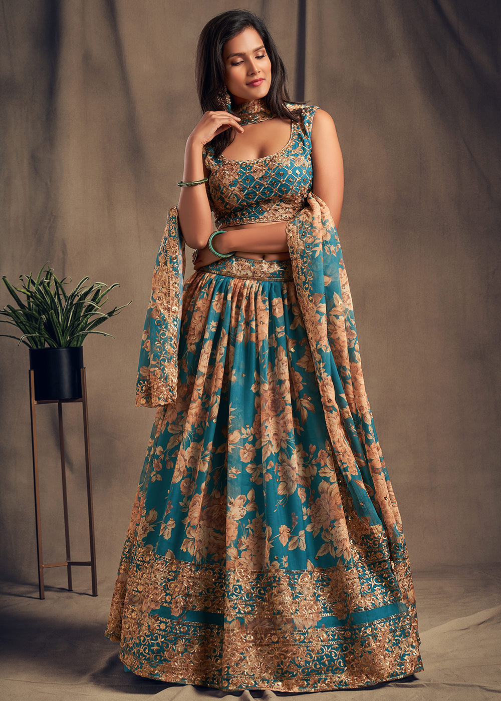 Buy Now Teal Floral Embroidered Organza Wedding Lehenga Choli Online in USA, UK, Canada & Worldwide at Empress Clothing.