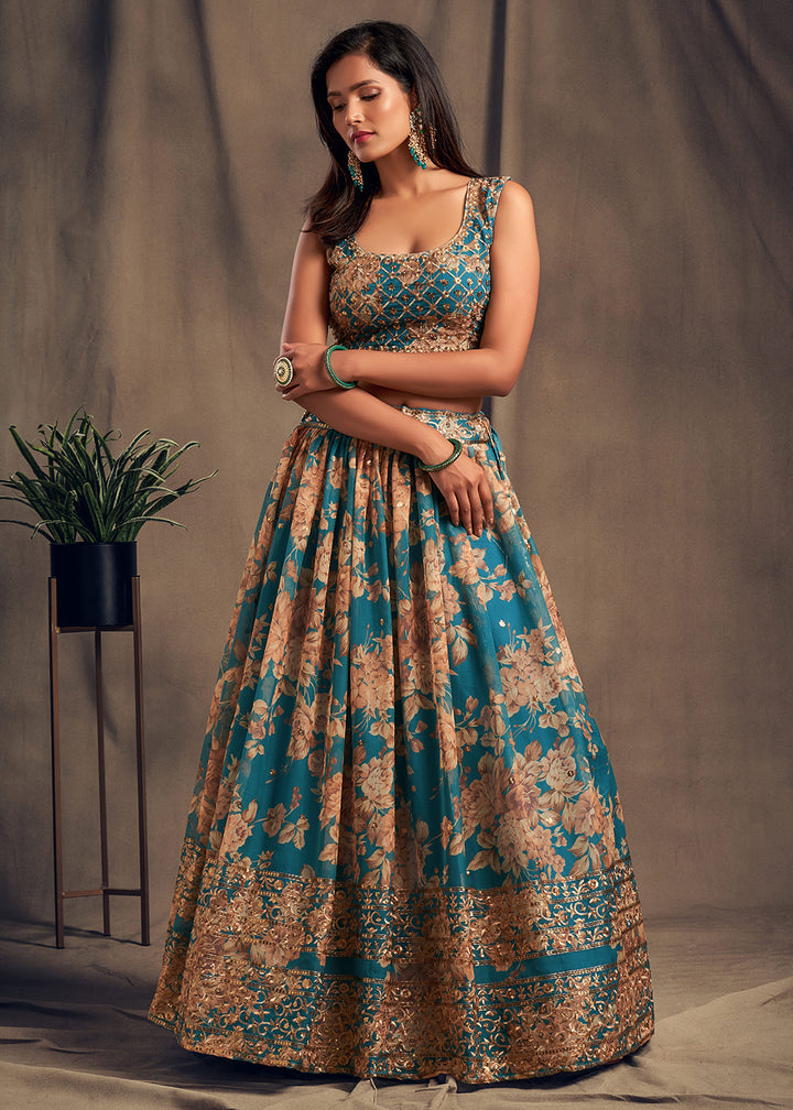 Buy Now Teal Floral Embroidered Organza Wedding Lehenga Choli Online in USA, UK, Canada & Worldwide at Empress Clothing.