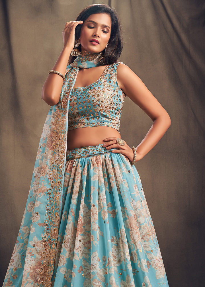 Buy Now Sky Blue Floral Embroidered Organza Wedding Lehenga Choli Online in USA, UK, Canada & Worldwide at Empress Clothing.