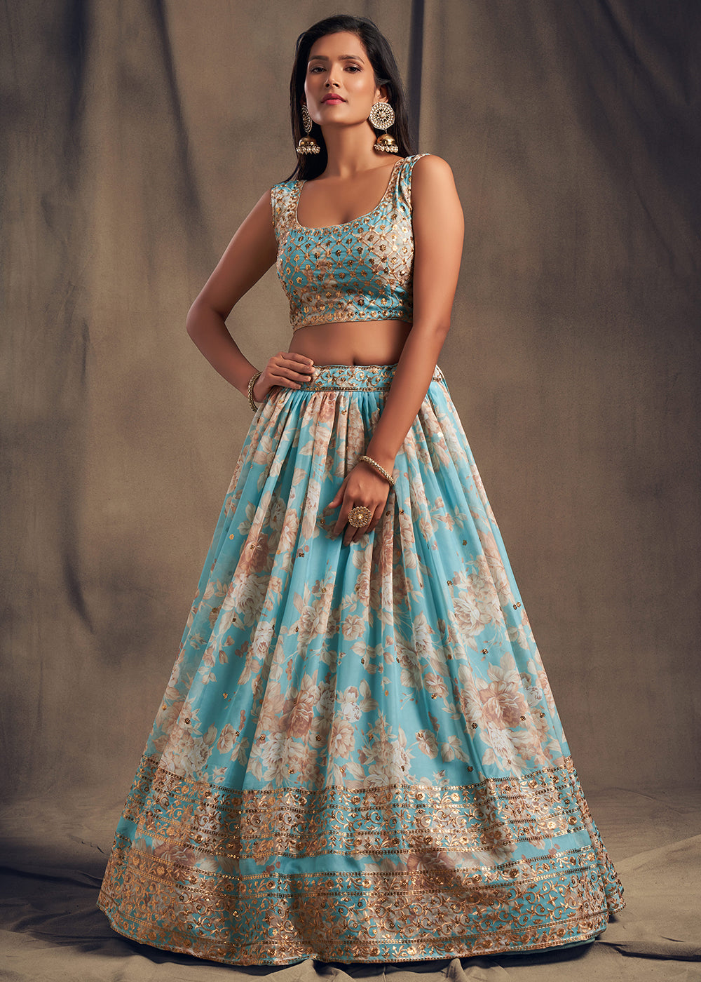 Buy Now Sky Blue Floral Embroidered Organza Wedding Lehenga Choli Online in USA, UK, Canada & Worldwide at Empress Clothing.