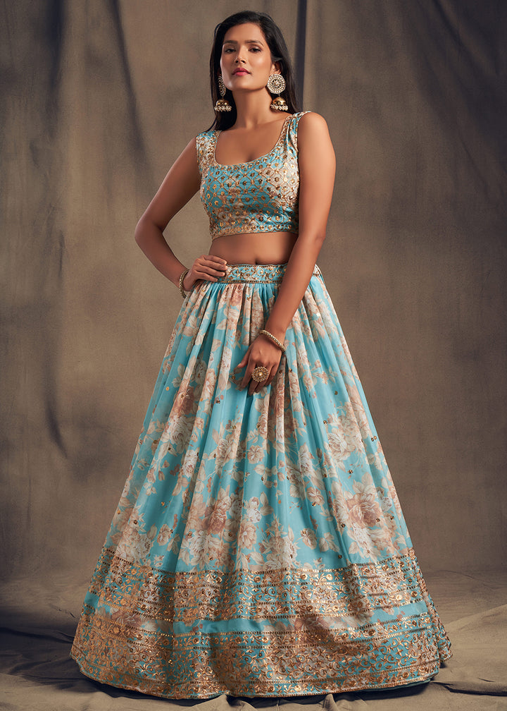 Buy Now Sky Blue Floral Embroidered Organza Wedding Lehenga Choli Online in USA, UK, Canada & Worldwide at Empress Clothing.