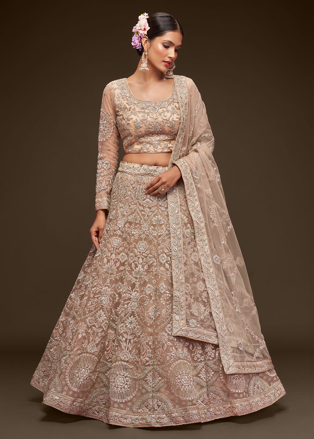 Buy Now Royal Beige Embroidered Soft Net Wedding Lehenga Choli Online in USA, UK, Canada & Worldwide at Empress Clothing. 