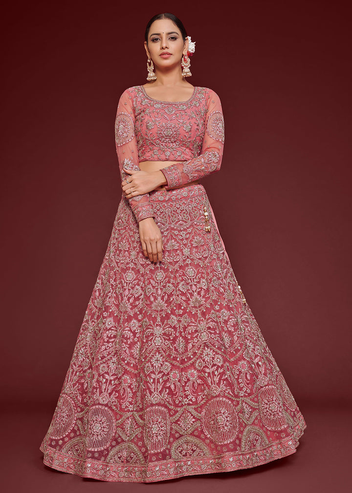 Buy Now Fantacy Pink Embroidered Soft Net Wedding Lehenga Choli Online in USA, UK, Canada & Worldwide at Empress Clothing.