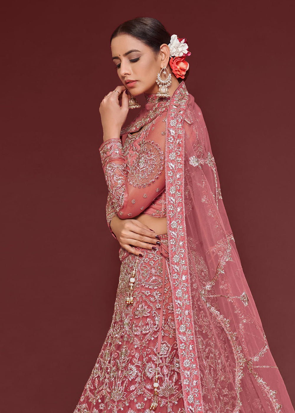 Fantacy Pink Embroidered Soft Net Wedding Lehenga Choli