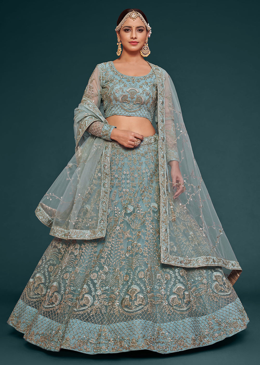 Buy Coral Blue Floral Art Nouveau Patterned Bridal Lehenga Online in India  @Mohey - Lehenga for Women