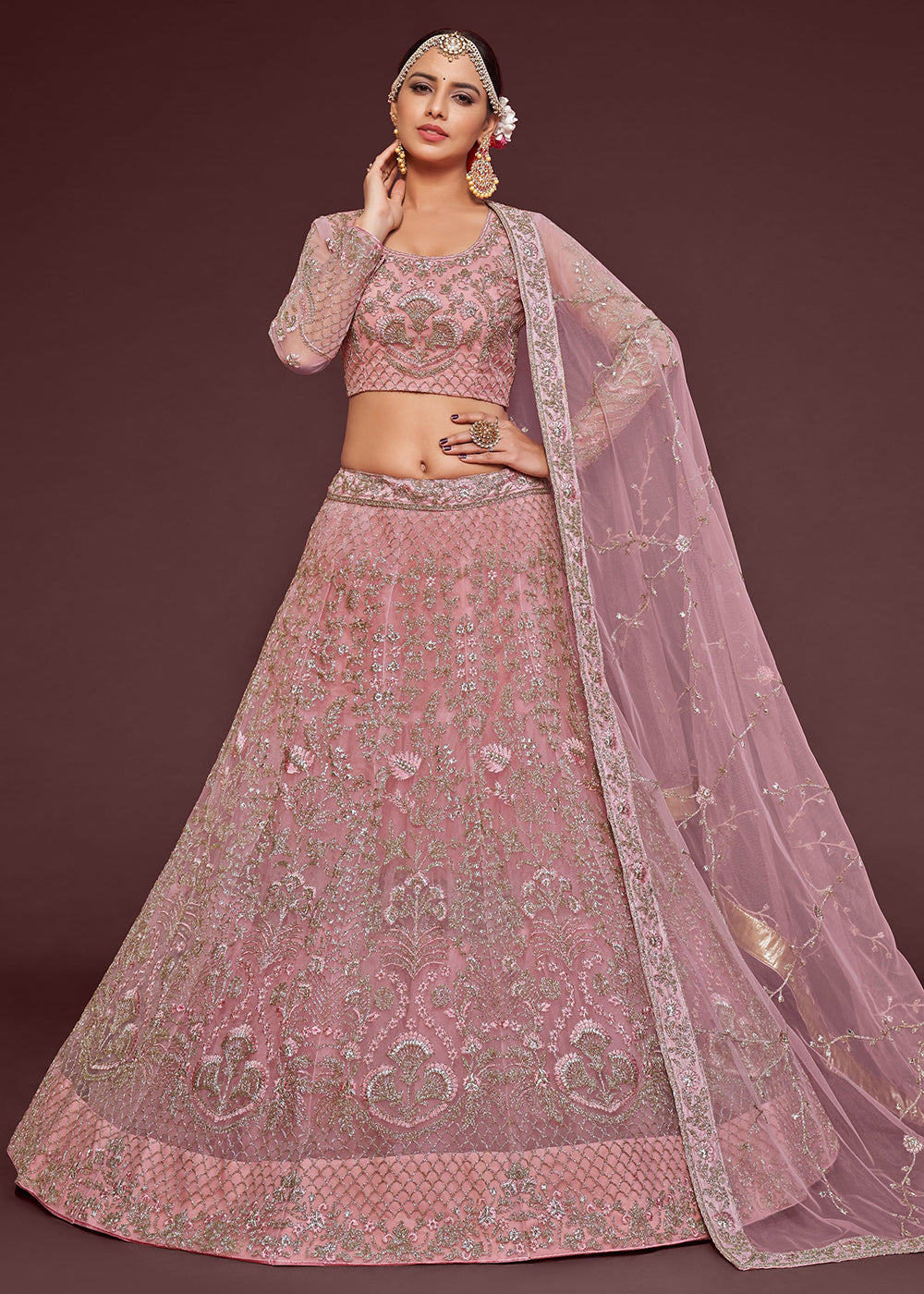 Buy Now Pearl Pink Embroidered Soft Net Wedding Lehenga Choli Online in USA, UK, Canada & Worldwide at Empress Clothing.