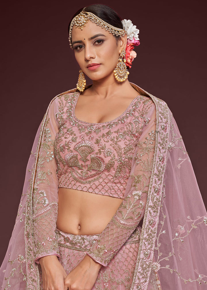 Buy Now Pearl Pink Embroidered Soft Net Wedding Lehenga Choli Online in USA, UK, Canada & Worldwide at Empress Clothing.