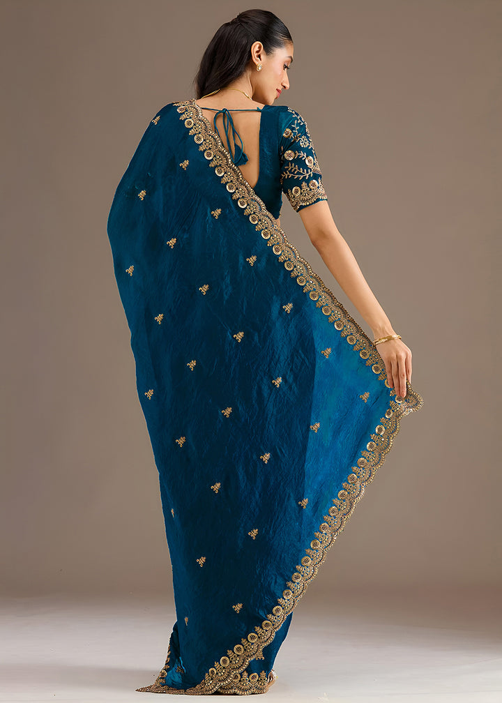 Buy Now Dove Blue Multiple Sequins Embroidered Wedding Saree Online in US, UK, Canada, France, Germany, Denmark, Netherland, Sweden, UAE & Worldwide at Empress.
