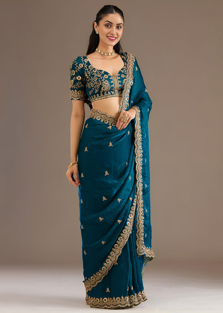 Buy Now Dove Blue Multiple Sequins Embroidered Wedding Saree Online in US, UK, Canada, France, Germany, Denmark, Netherland, Sweden, UAE & Worldwide at Empress.