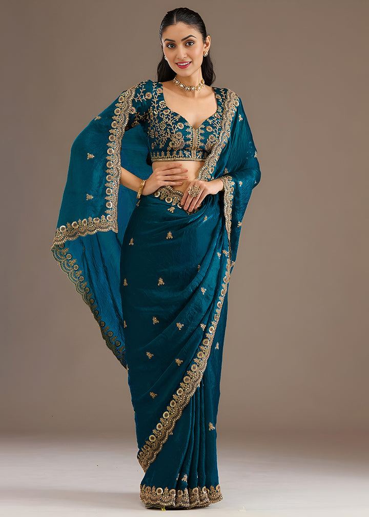 Buy Now Dove Blue Multiple Sequins Embroidered Wedding Saree Online in US, UK, Canada, France, Germany, Denmark, Netherland, Sweden, UAE & Worldwide at Empress.