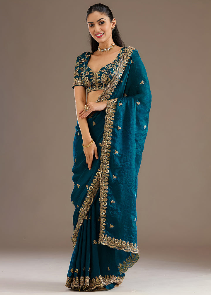 Buy Now Dove Blue Multiple Sequins Embroidered Wedding Saree Online in US, UK, Canada, France, Germany, Denmark, Netherland, Sweden, UAE & Worldwide at Empress.