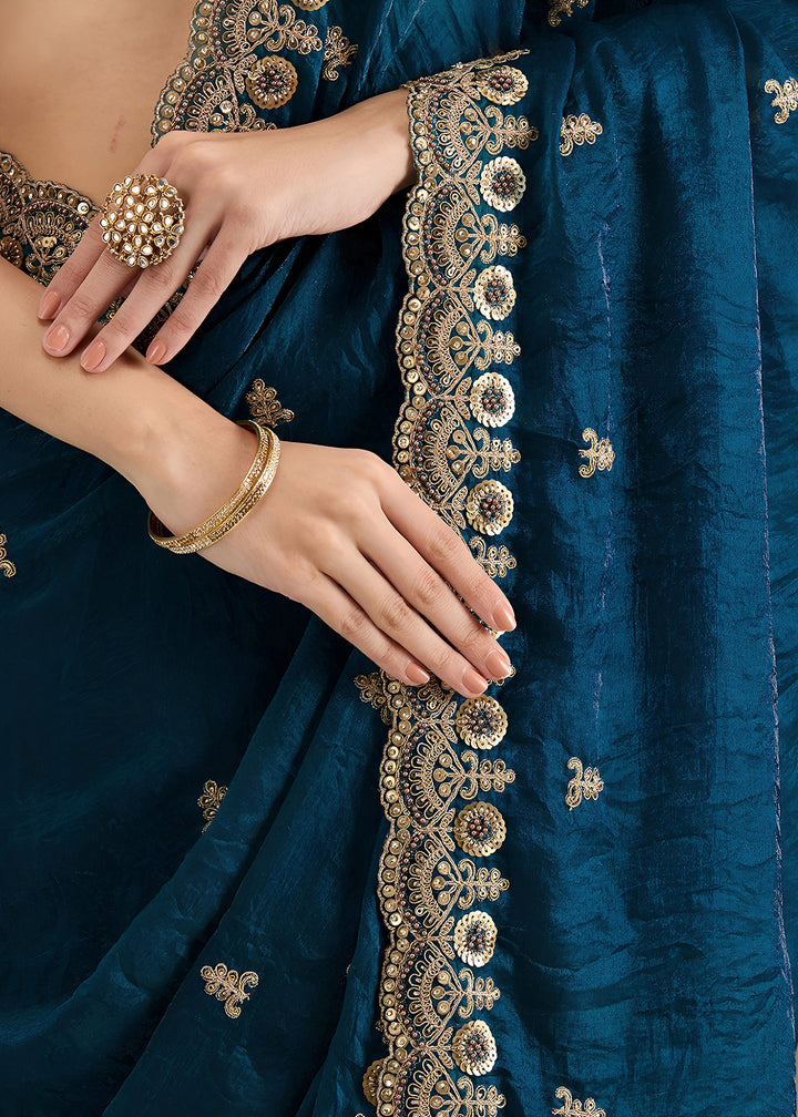 Buy Now Dove Blue Multiple Sequins Embroidered Wedding Saree Online in US, UK, Canada, France, Germany, Denmark, Netherland, Sweden, UAE & Worldwide at Empress.