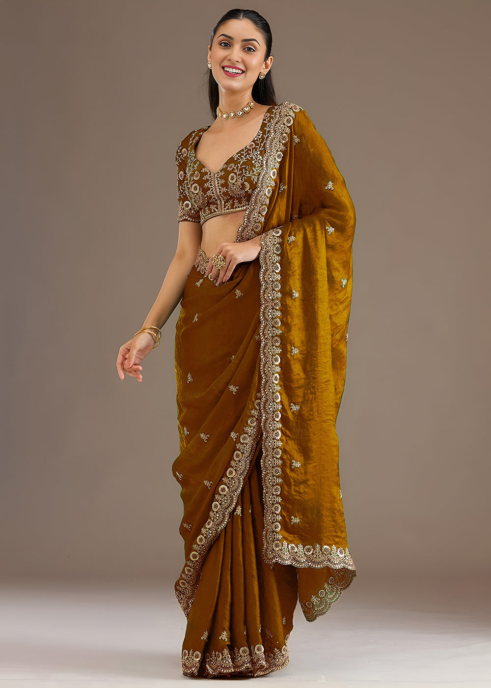 Buy Now Golden Multiple Sequins Embroidered Wedding Saree Online in US, UK, Canada, France, Germany, Denmark, Netherland, Sweden, UAE & Worldwide at Empress.