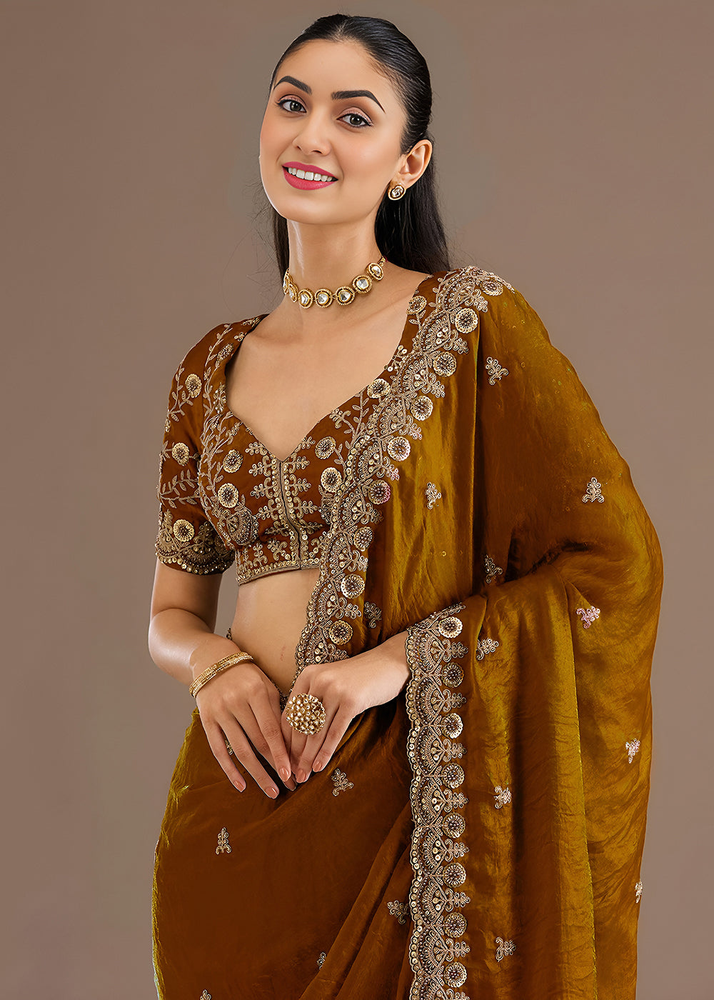 Buy Now Golden Multiple Sequins Embroidered Wedding Saree Online in US, UK, Canada, France, Germany, Denmark, Netherland, Sweden, UAE & Worldwide at Empress.