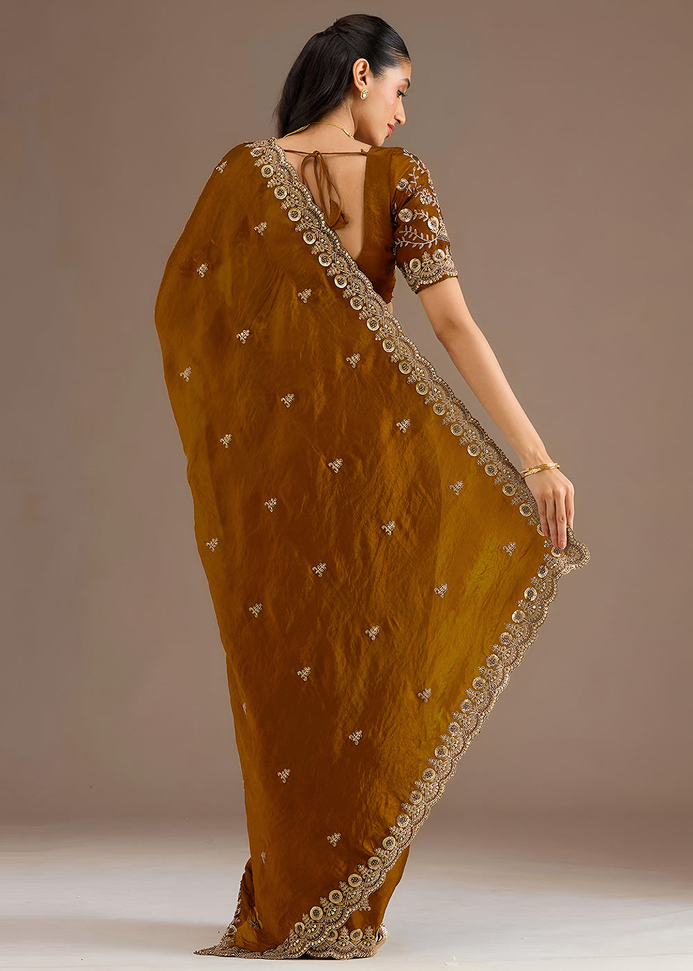 Buy Now Golden Multiple Sequins Embroidered Wedding Saree Online in US, UK, Canada, France, Germany, Denmark, Netherland, Sweden, UAE & Worldwide at Empress.