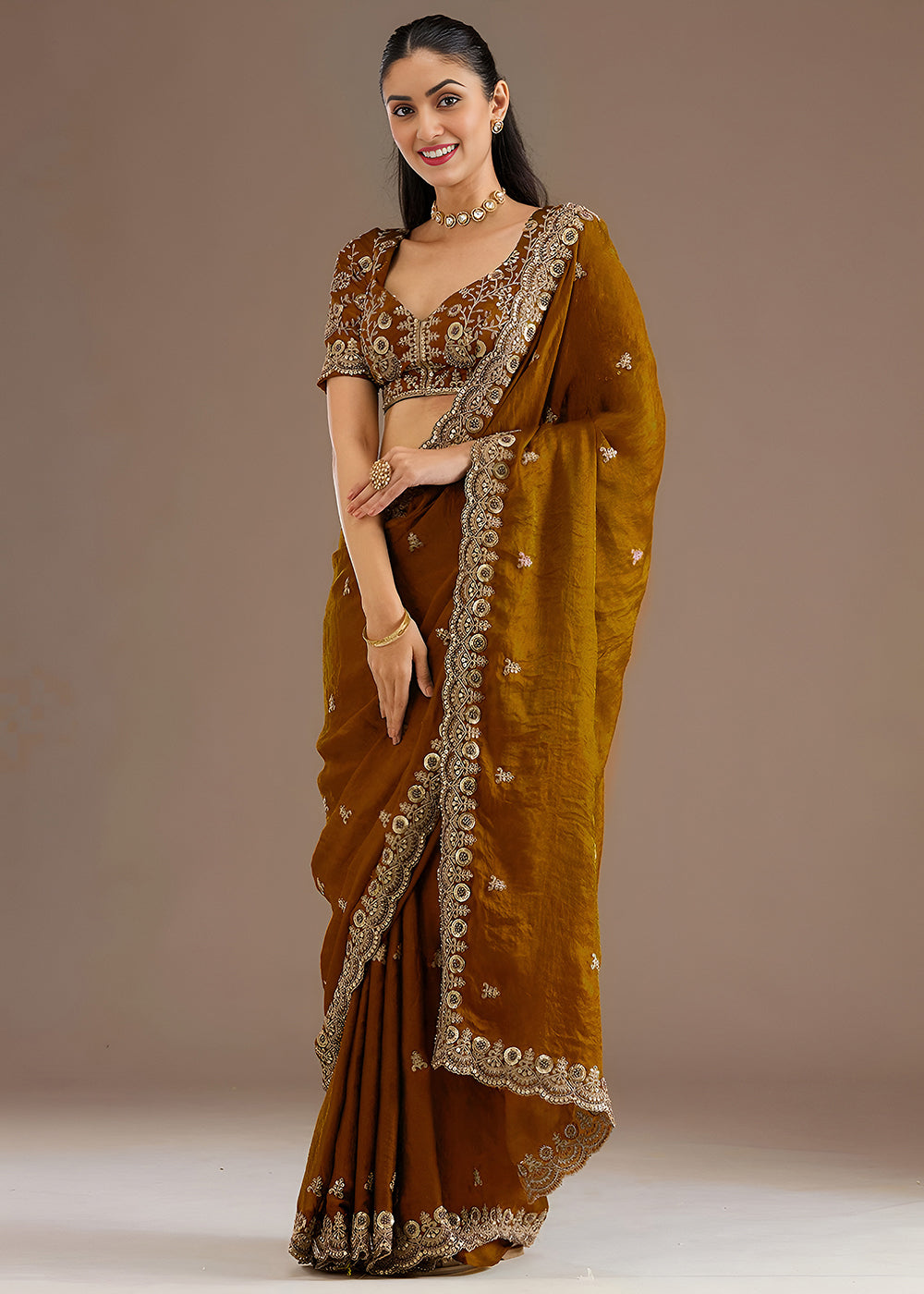 Buy Now Golden Multiple Sequins Embroidered Wedding Saree Online in US, UK, Canada, France, Germany, Denmark, Netherland, Sweden, UAE & Worldwide at Empress.