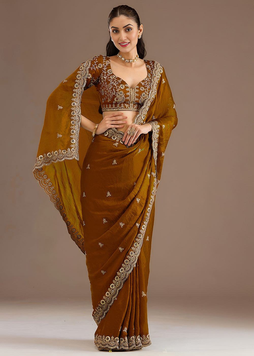 Buy Now Golden Multiple Sequins Embroidered Wedding Saree Online in US, UK, Canada, France, Germany, Denmark, Netherland, Sweden, UAE & Worldwide at Empress.
