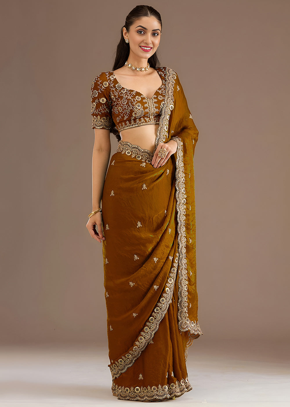Buy Now Golden Multiple Sequins Embroidered Wedding Saree Online in US, UK, Canada, France, Germany, Denmark, Netherland, Sweden, UAE & Worldwide at Empress.