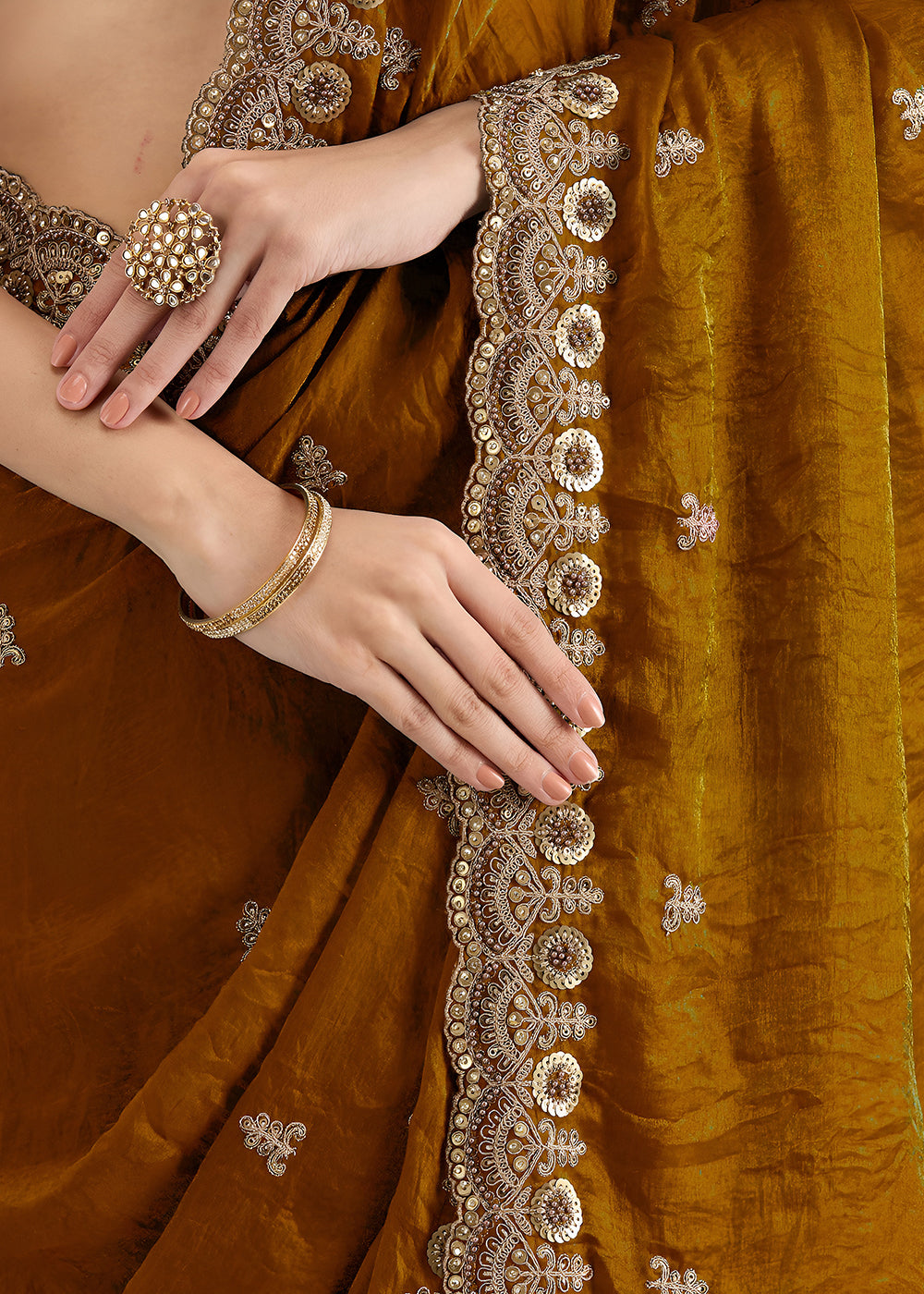 Buy Now Golden Multiple Sequins Embroidered Wedding Saree Online in US, UK, Canada, France, Germany, Denmark, Netherland, Sweden, UAE & Worldwide at Empress.