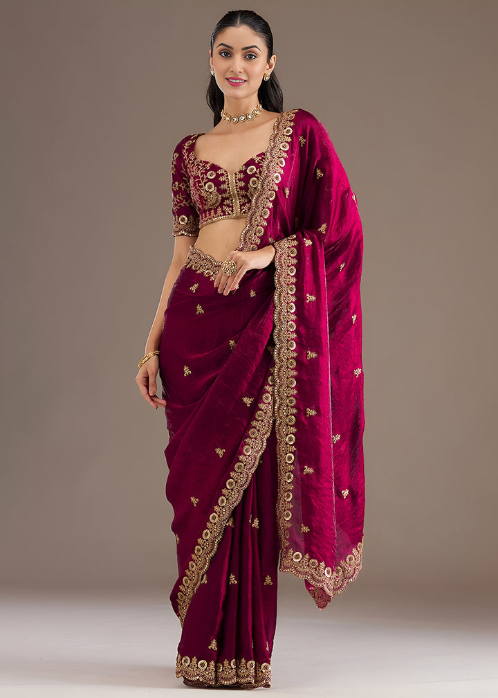 Buy Now Maroon Multiple Sequins Embroidered Wedding Saree Online in US, UK, Canada, France, Germany, Denmark, Netherland, Sweden, UAE & Worldwide at Empress.