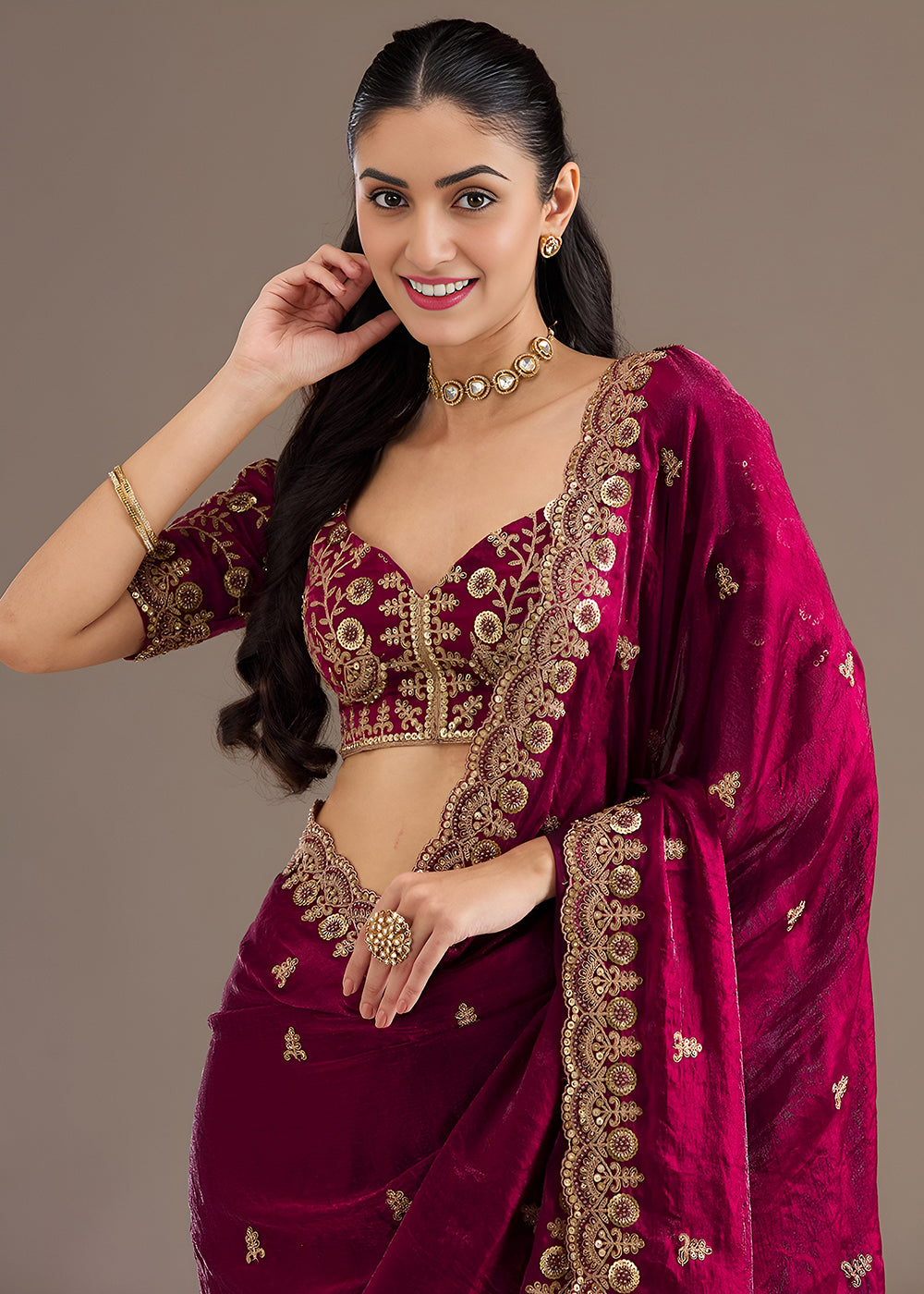 Buy Now Maroon Multiple Sequins Embroidered Wedding Saree Online in US, UK, Canada, France, Germany, Denmark, Netherland, Sweden, UAE & Worldwide at Empress.