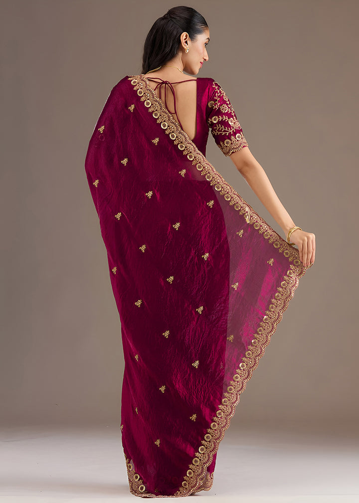 Buy Now Maroon Multiple Sequins Embroidered Wedding Saree Online in US, UK, Canada, France, Germany, Denmark, Netherland, Sweden, UAE & Worldwide at Empress.