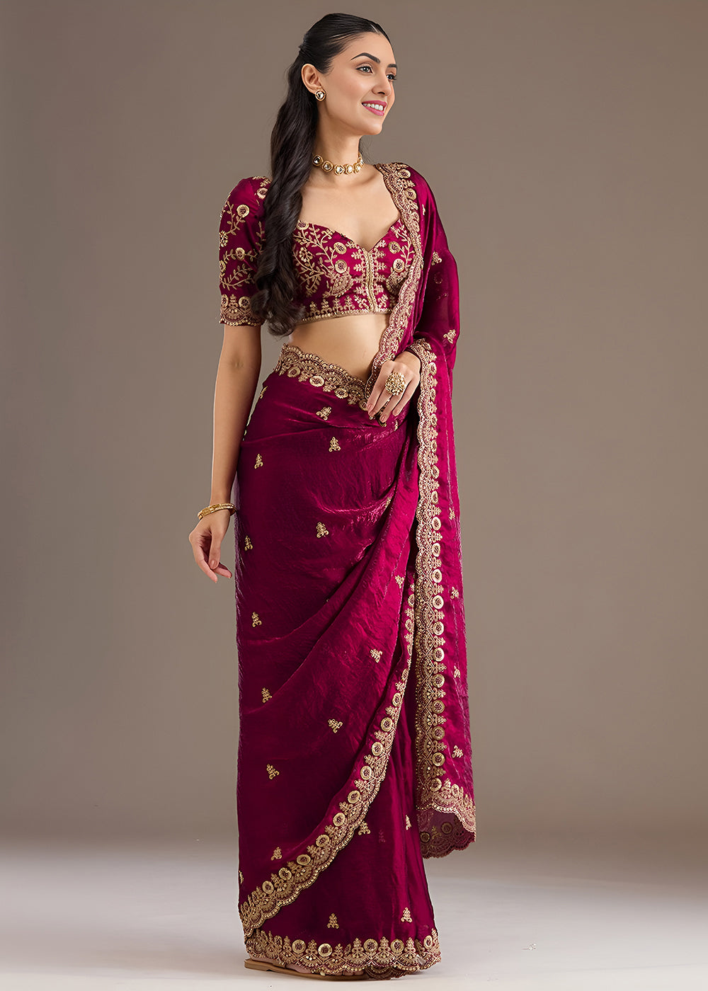 Buy Now Maroon Multiple Sequins Embroidered Wedding Saree Online in US, UK, Canada, France, Germany, Denmark, Netherland, Sweden, UAE & Worldwide at Empress.