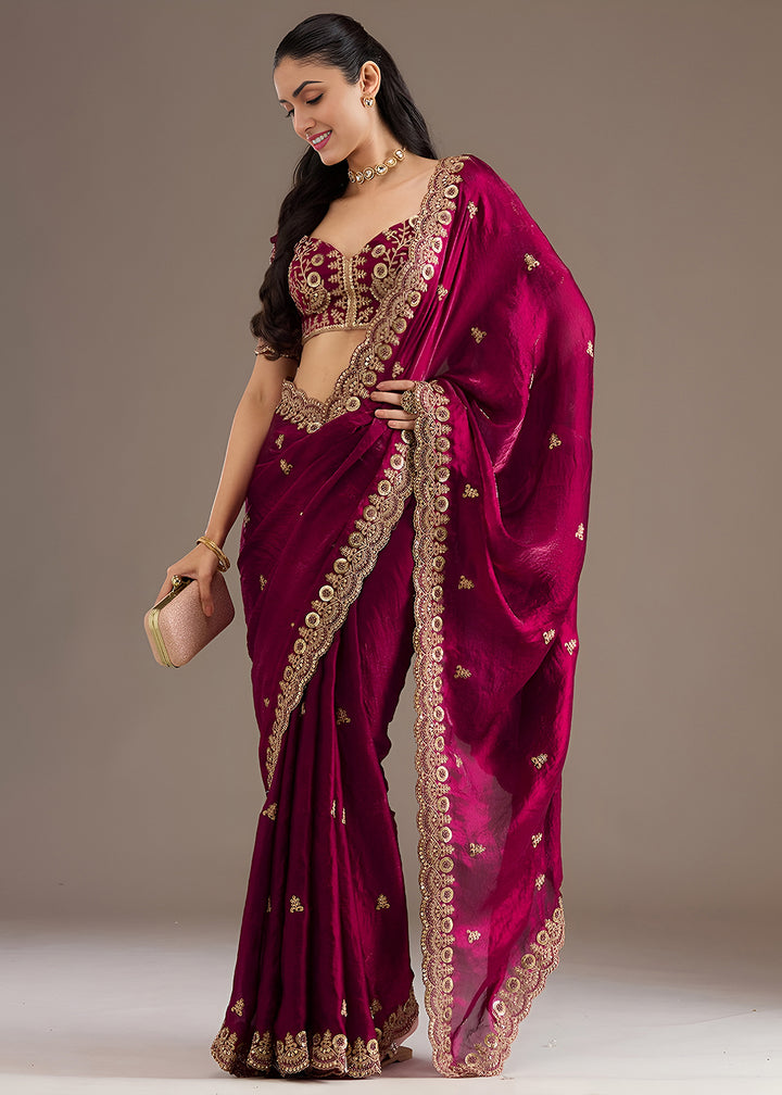 Buy Now Maroon Multiple Sequins Embroidered Wedding Saree Online in US, UK, Canada, France, Germany, Denmark, Netherland, Sweden, UAE & Worldwide at Empress.