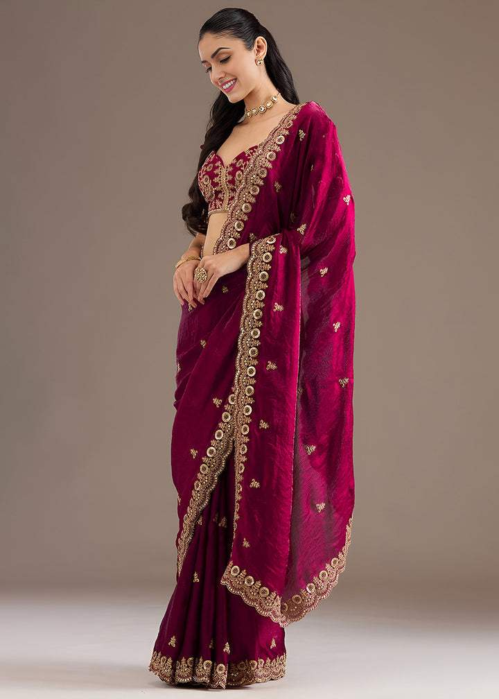 Buy Now Maroon Multiple Sequins Embroidered Wedding Saree Online in US, UK, Canada, France, Germany, Denmark, Netherland, Sweden, UAE & Worldwide at Empress.