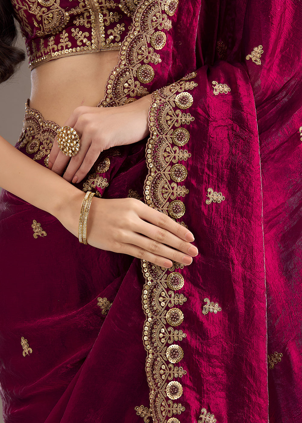 Buy Now Maroon Multiple Sequins Embroidered Wedding Saree Online in US, UK, Canada, France, Germany, Denmark, Netherland, Sweden, UAE & Worldwide at Empress.