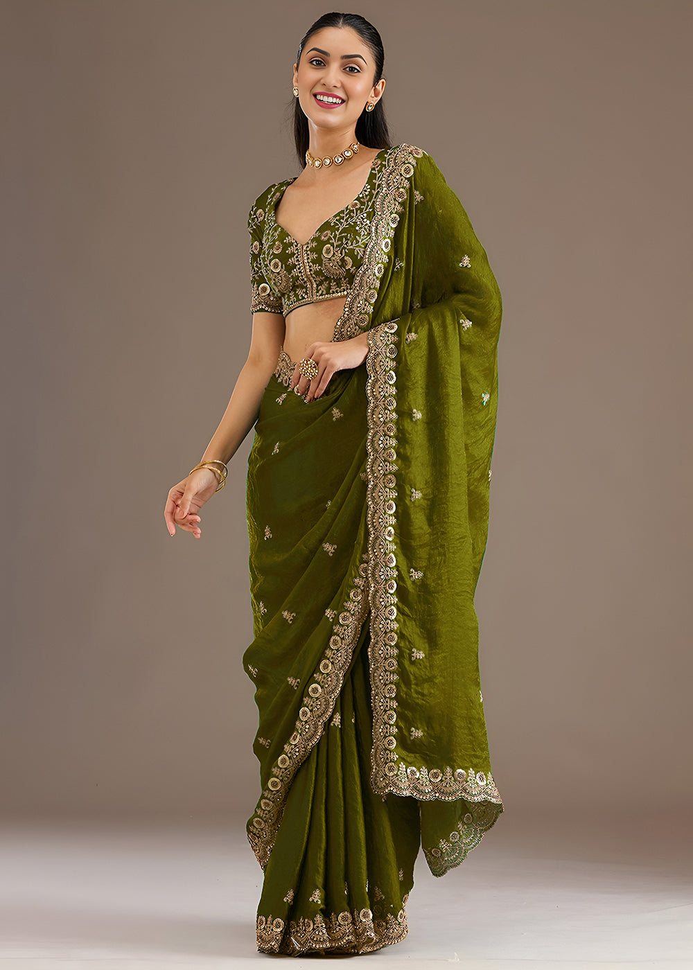 Buy Now Olive Multiple Sequins Embroidered Wedding Saree Online in US, UK, Canada, France, Germany, Denmark, Netherland, Sweden, UAE & Worldwide at Empress.