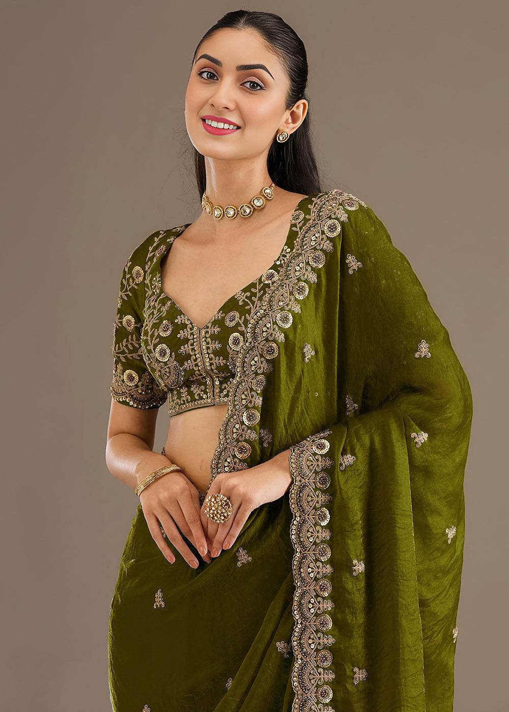 Buy Now Olive Multiple Sequins Embroidered Wedding Saree Online in US, UK, Canada, France, Germany, Denmark, Netherland, Sweden, UAE & Worldwide at Empress.