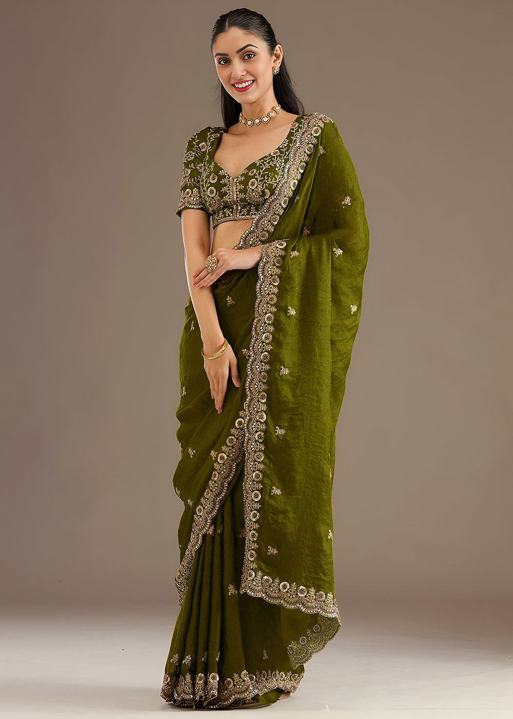 Buy Now Olive Multiple Sequins Embroidered Wedding Saree Online in US, UK, Canada, France, Germany, Denmark, Netherland, Sweden, UAE & Worldwide at Empress.