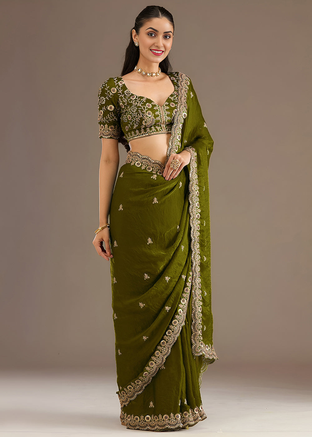 Buy Now Olive Multiple Sequins Embroidered Wedding Saree Online in US, UK, Canada, France, Germany, Denmark, Netherland, Sweden, UAE & Worldwide at Empress.