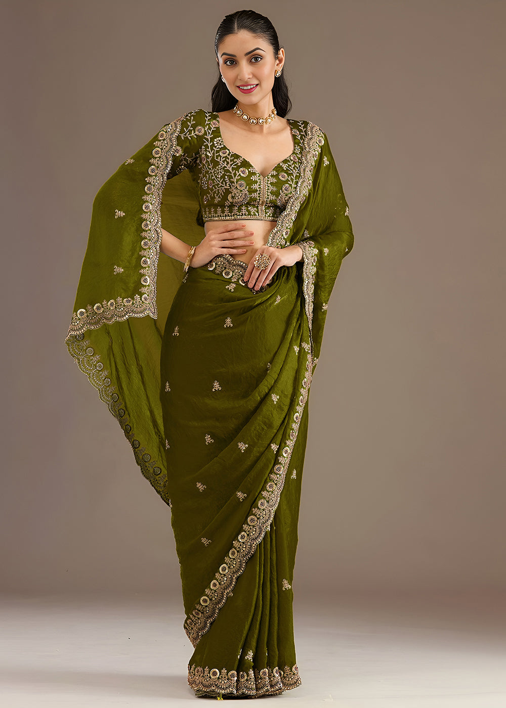 Buy Now Olive Multiple Sequins Embroidered Wedding Saree Online in US, UK, Canada, France, Germany, Denmark, Netherland, Sweden, UAE & Worldwide at Empress.