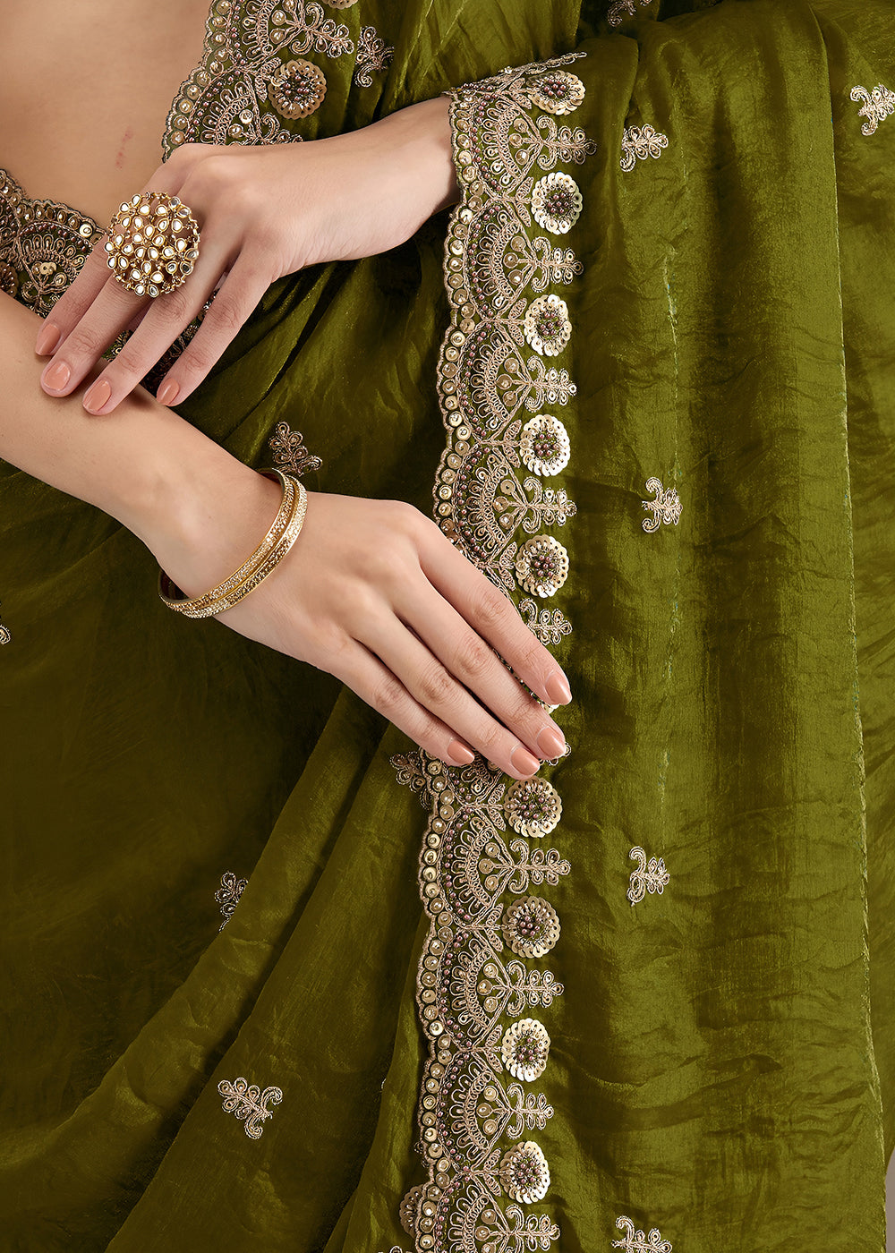 Buy Now Olive Multiple Sequins Embroidered Wedding Saree Online in US, UK, Canada, France, Germany, Denmark, Netherland, Sweden, UAE & Worldwide at Empress.