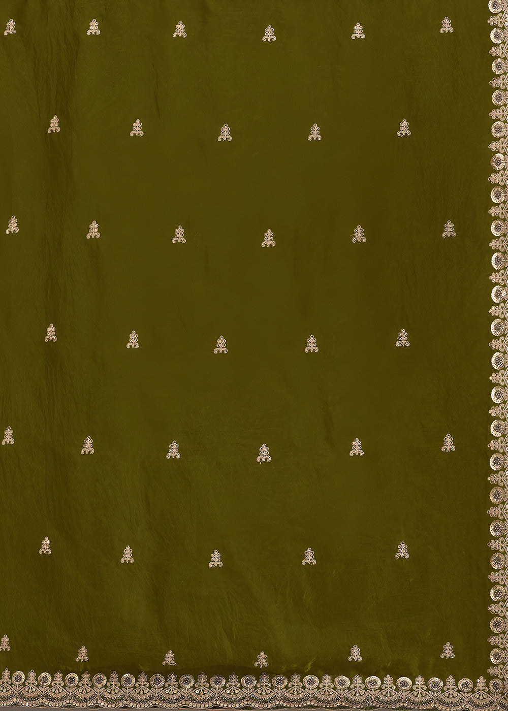 Buy Now Olive Multiple Sequins Embroidered Wedding Saree Online in US, UK, Canada, France, Germany, Denmark, Netherland, Sweden, UAE & Worldwide at Empress.