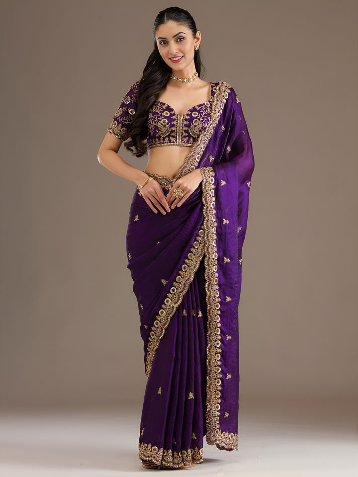 Buy Now Purple Multiple Sequins Embroidered Wedding Saree Online in US, UK, Canada, France, Germany, Denmark, Netherland, Sweden, UAE & Worldwide at Empress.