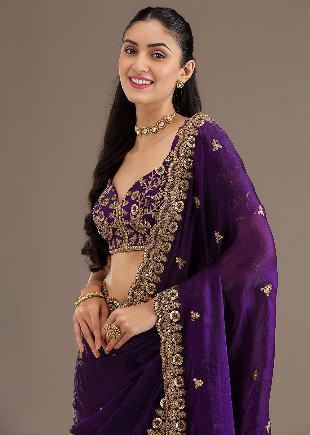 Buy Now Purple Multiple Sequins Embroidered Wedding Saree Online in US, UK, Canada, France, Germany, Denmark, Netherland, Sweden, UAE & Worldwide at Empress.